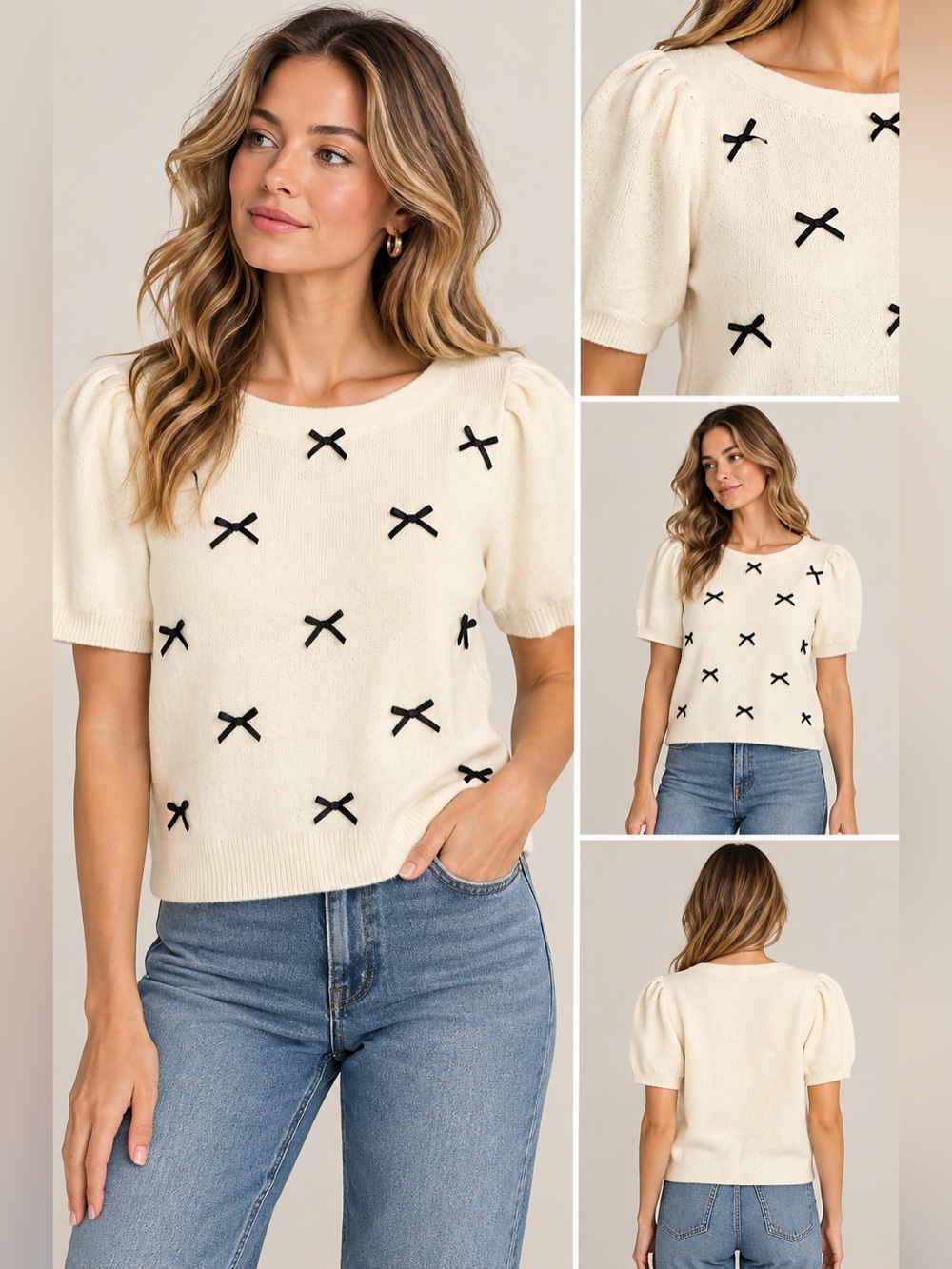 Jodifl Ivory Puff-Sleeve Knit Sweater with Black Bow Accents NWOT Small
